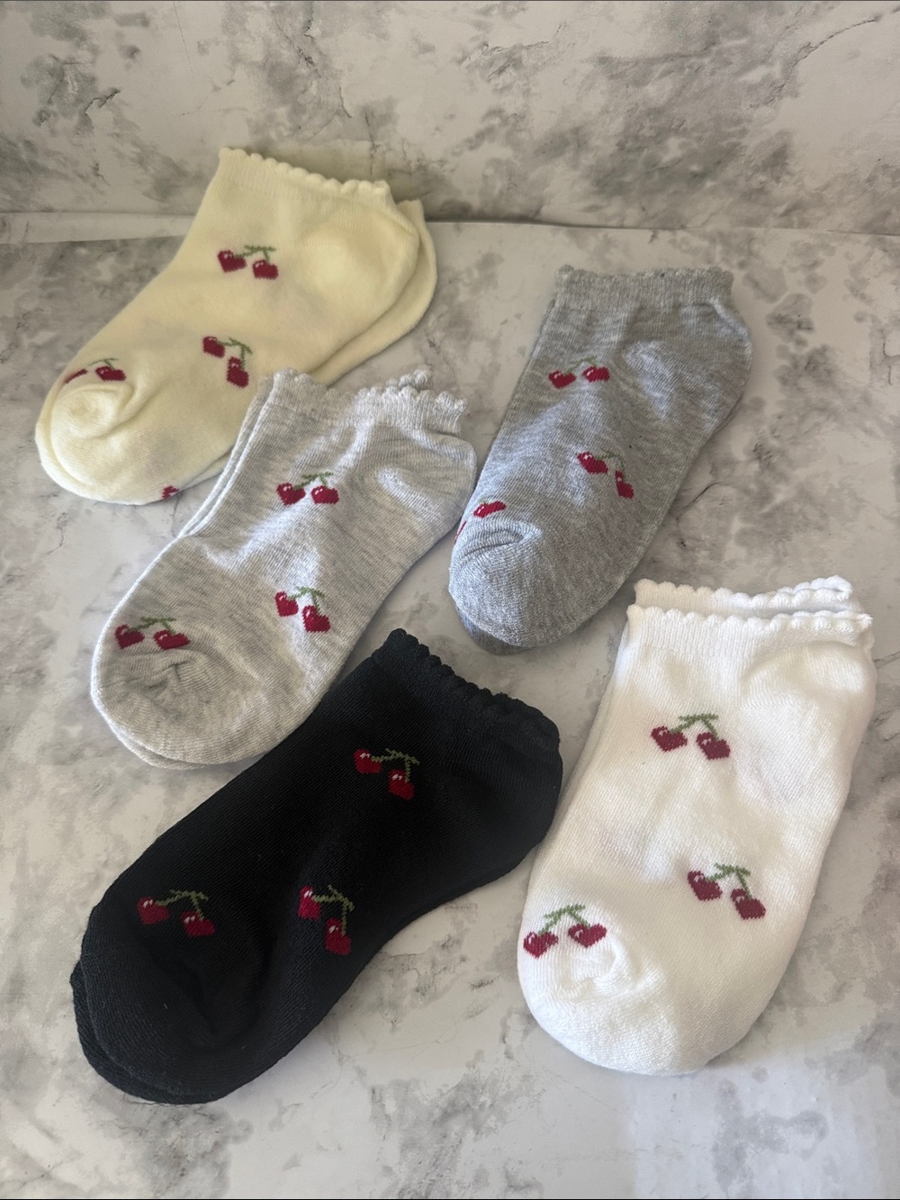 Cherry Print Ankle Socks - White, Gray, Black